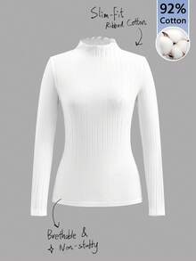 SHEIN Frenchy 92% Cotton Women's Ribbed Round Neck Long Sleeve Casual T-Shirt For Fall And Winter, Striped Basic Fitted Style With White Warm Turtleneck. Slim-Fitting And Versatile, Suitable For Daily Wear, Commuting, Home, And Layering. Stylish For Dates, Spring - White - View 9