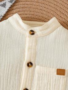 SHEIN 1件男婴白色短袖按扣连体衣，柔软舒适休闲连体裤，适合居家、户外、旅行、春夏穿着 - 白色 - 查看 6