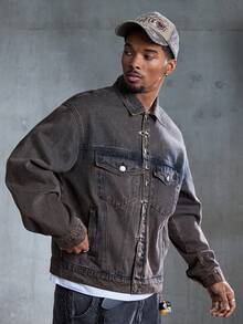 ROMWE MEN Street Life Men's Casual Retro Airplane Buckle Collar Denim Jacket - Black - View 4