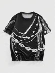 ROMWE MEN Grunge Punk Men's Casual Chain Print Short Sleeve T-Shirt, Summer - Black - View 7