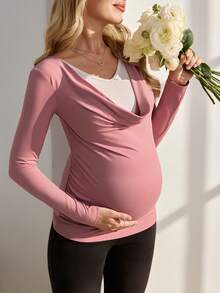 SHEIN Umstandsmode Geraffter Rundhals Langarm Strick Lässig Top - Pink - Übersicht 1