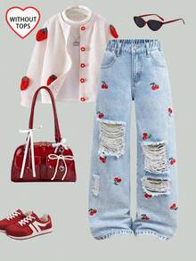 SHEIN Jeans rectos sueltos y cómodos con bordado de cereza, lavado claro y versátil, adecuados para uso diario en otoño e invierno, Año Nuevo, Navidad, Nochevieja, streetwear, escuela, hogar y viajes, para niñas preadolescentes - Lavado ligero - Ver 5