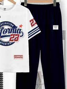 2件套青少年男童休闲时尚经典Y2K风23号美式复古运动短袖圆领T恤和裤子套装，适合春夏穿着