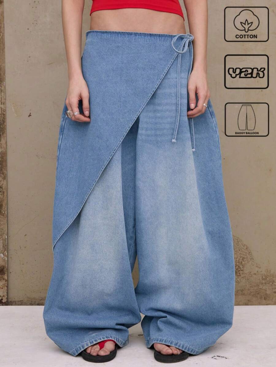 COUREZ Baggy Balloon Wrap Detail Parachute Low Rise Jeans Y2K Vintage Cotton