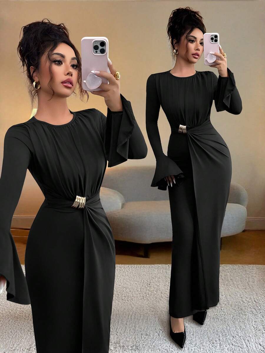 Elenzga Women's Solid Color Round Neck Flare Sleeve Waist Decorated Button Long Dress - Black - View 1