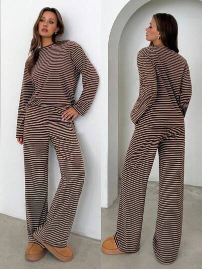 Aloruh Women's Casual Round Neck Loose Long Sleeve Striped T-Shirt And High Waist Elastic Waist Pants 2 Pieces Set