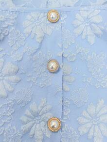 Elenzga New Design Elegant Blue Textured Jacquard Shiny Fabric Square Neck Pearl Button Waist Slimming Slit Hem Maxi Dress, Fashionable Spring/Summer Versatile Dress For Daily, Date, Holiday - Baby Blue - View 6