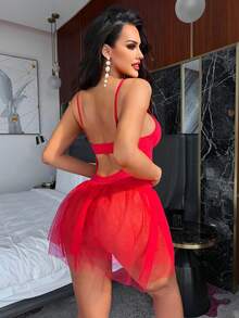 Spicy Aura 2pcs/Set Valentine's Day Lace Bra & Garter Dress Set With Underwire For Women - Red - View 2