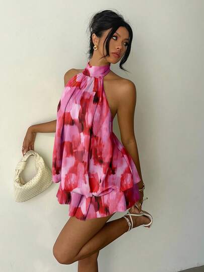  Aloruh Women's Elegant Pink Brushstroke Backless Tie Mini Dress, Women's Date Dress, Women's Night Out Dress, Women's Summer Dress, Women's Honeymoon Outfit, Women's Wedding Guest Dress, Island Vacation Outfit, Women's Wedding Guest Dress, Women's Sundress, Women's Elegant Party Dress, Women's Birthday Dress, Women's Valentine's Day Dress Spring Pink Beach Dress