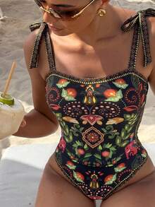 Bonvoyette 女士春夏沙滩音乐节印花系带度假风成熟高腰吊带泳衣套装 - 彩色 - 查看 1