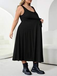 SHEIN CURVE+ 大码女式休闲连衣裙，系带连衣裙，休闲服饰，新款春季时尚交叉U领无袖A字连衣裙/2026/新年 - 黑色 - 查看 7
