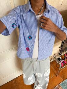 Manfinity Roghcode Men's Blue & White Plaid Embroidered Short Sleeve Shirt Summer Button Up Graphic Button Up Light Blue Graphic Shirt Blue Button Up Y2k Button Up - Blue - View 5