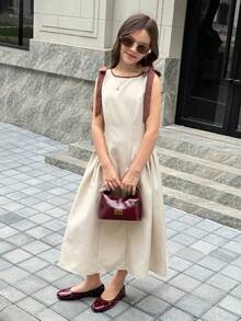 Firerie Kids Đầm phối màu thắt nơ eo cho bé gái tuổi teen, kiểu dáng thanh lịch, đa năng, phù hợp mặc hàng ngày, dự lễ, tiệc tùng, đầm mới cho bé gái. - Màu be - Xem 5