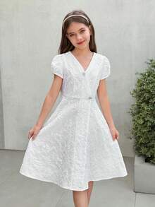 Firerie Kids 少女象牙色泡泡袖收腰休闲日常假日派对可爱甜美优雅连衣裙 - 白色 - 查看 4