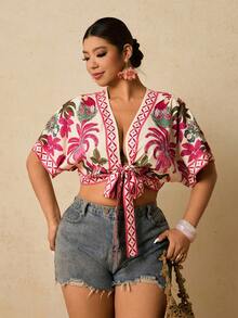 Travachic Áo croptop tay cánh dơi in họa tiết nhiệt đới cỡ lớn, thích hợp mặc đi nghỉ mát. - Hồng - Xem 3