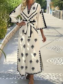 休闲通勤优雅系带宽松中长连衣裙，时尚印花V领开衩长袍，新款女士度假长袍，女士长裙 - 彩色 - 查看 5