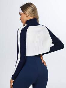 Eassivo Eassivo Women's Contrast Zipper Half-Placket Casual Regular Fit Raglan Sleeve Sweater - White - View 2