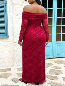 Flirla Đầm ren trễ vai màu trơn dành cho nữ cỡ lớn - Màu Đỏ Sâu - Xem 2
