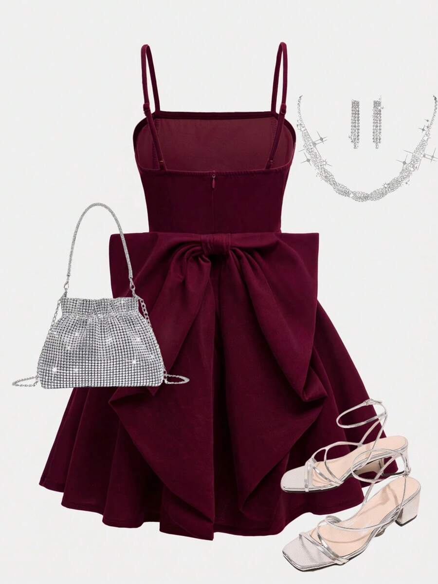Girlism Tween Girls Velvet Cami Dress Sleeveless Spaghetti Strap Flared Midi Dress With Bow Detail For Party - Black - View 1