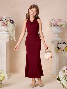 Pitira Vestido de sirena ajustado con cuello drapeado burdeos para niñas preadolescentes, adecuado para fiestas, ocasiones formales, fiestas, cumpleaños, uso diario de niñas, festivales, reuniones familiares y ocasiones especiales, conjuntos de hermanas, lindo, elegante, moda retro dulce, adecuado para la temporada de regreso a la escuela, fiestas elegantes, citas, viajes, adecuado para bodas, fiestas de cumpleaños, bailes, vestidos de dama de honor, galas de noche formal, bodas, graduaciones, niñas de las flores - Burdeos - Ver 6