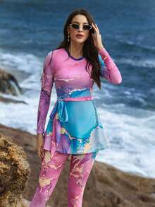 Swim Shayni Women's Summer Vacation Casual Beach Outfit Tie-Dye Print 2-Piece Bikini Swimsuit Set With Long Sleeve Top And Long Pants, Jalabiyas, Burkini Set For Women, Modest 2 Piece Swimsuit, Long Sleeve Two Piece Set - Multicolor - View 4