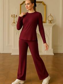 Conjunto Acanalado 2 Piezas | Blusa Manga Larga + Pantalón Recto - Tinto - Ver 2