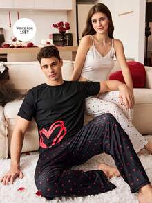 SHEIN Men's Ribbed Heart Print Short Sleeve & Pants Casual Pajama Set - Black - View 1