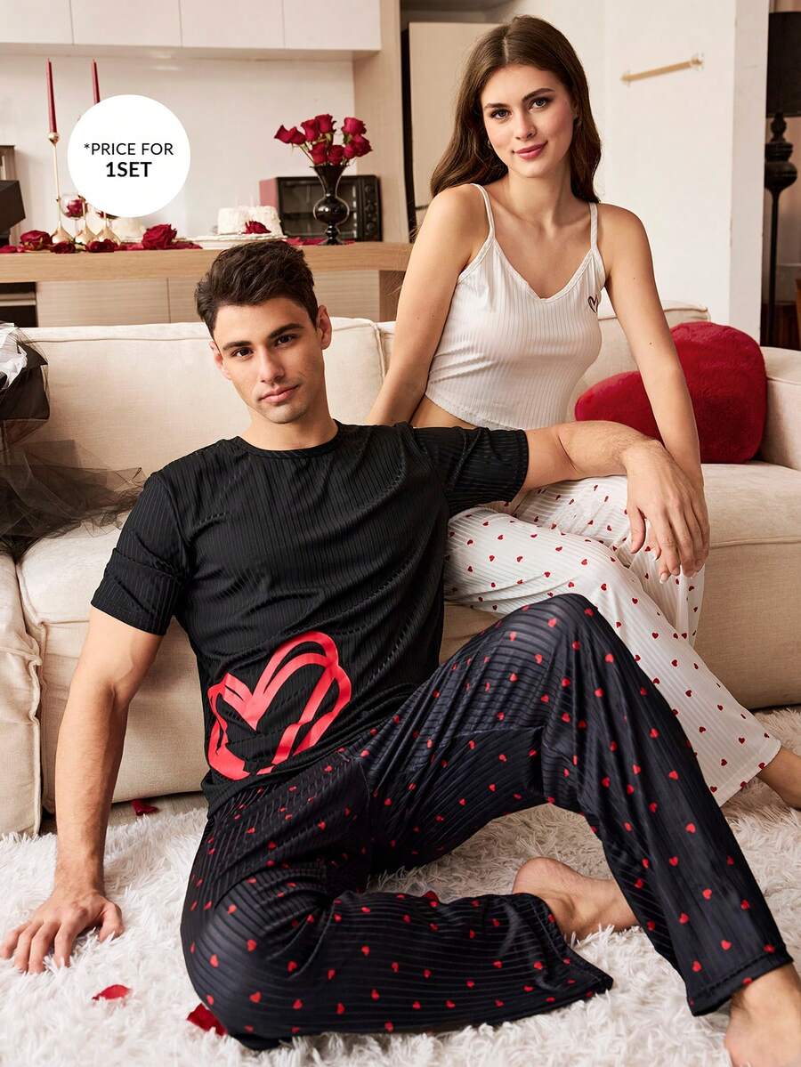 SHEIN Men's Ribbed Heart Print Short Sleeve & Pants Casual Pajama Set - Black - View 1
