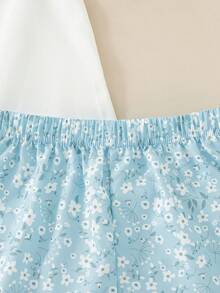 Souflis Souflis Französischer Landhausstil Mädchen 2-teiliges Set, Kontrast Schleife Dekor Weste + Blumen Shorts, süß lässig frisch für Frühling/Sommer - Blau - Übersicht 5