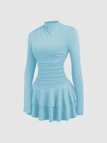 SHEIN PETITE Váy cổ cao tay dài màu đỏ nhún eo cổ điển dành cho nữ, Thu/Đông - Màu xanh nhạt - Xem 3