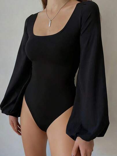 INAWLY Women's Solid Color Lantern Sleeve Casual Versatile Bodysuit For Commuting And Outings