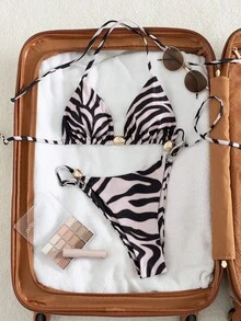 Bonvoyette Women's Spring/Summer Beach Music Festival Zebra Pattern Metal Jewelry Thong Bikini Set, Elegant And Sexy - Multicolor - View 5