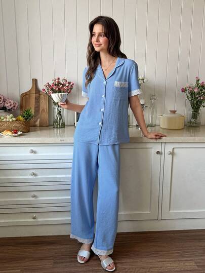 SHEIN Women's Fresh Blue Lace Trim Short Sleeve Pajama Set