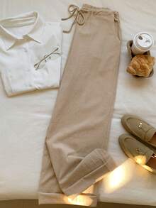 SHEIN EZwear Linen Drawstring Waist Slant Pocket Wide Leg Pants - Apricot - View 8