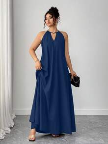 SHEIN Tall CURVE 永不过时的古怪优雅系列（忧郁气质）（周三美学）大码女式编织休闲露背宽松黑色连衣裙，适合高个子 - 藏蓝色 - 查看 4