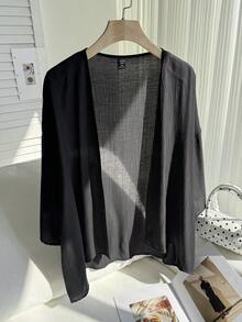 Comfortcana Summer Short Thin Lightweight Textured Plus Size Short Jacket - Black - View 6