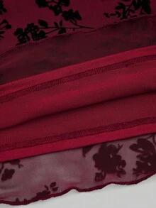 Sweetra Gothic Style Women Top, Floral Flocked Fabric, Ruffle Trim - Burgundy - View 5