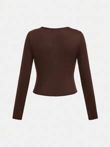 SHEIN Áo thun dài tay màu nâu trơn, cổ xếp ly, dành cho bé gái tuổi teen, kiểu dáng dễ thương, phù hợp cho mùa tựu trường, các dịp lễ hội, dã ngoại gia đình mùa thu, và mặc hàng ngày. - màu nâu - Xem 2