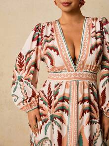 Travachic 大码女式印花连衣裙，V领长袖长裙，蓝棕色 - 彩色 - 查看 5