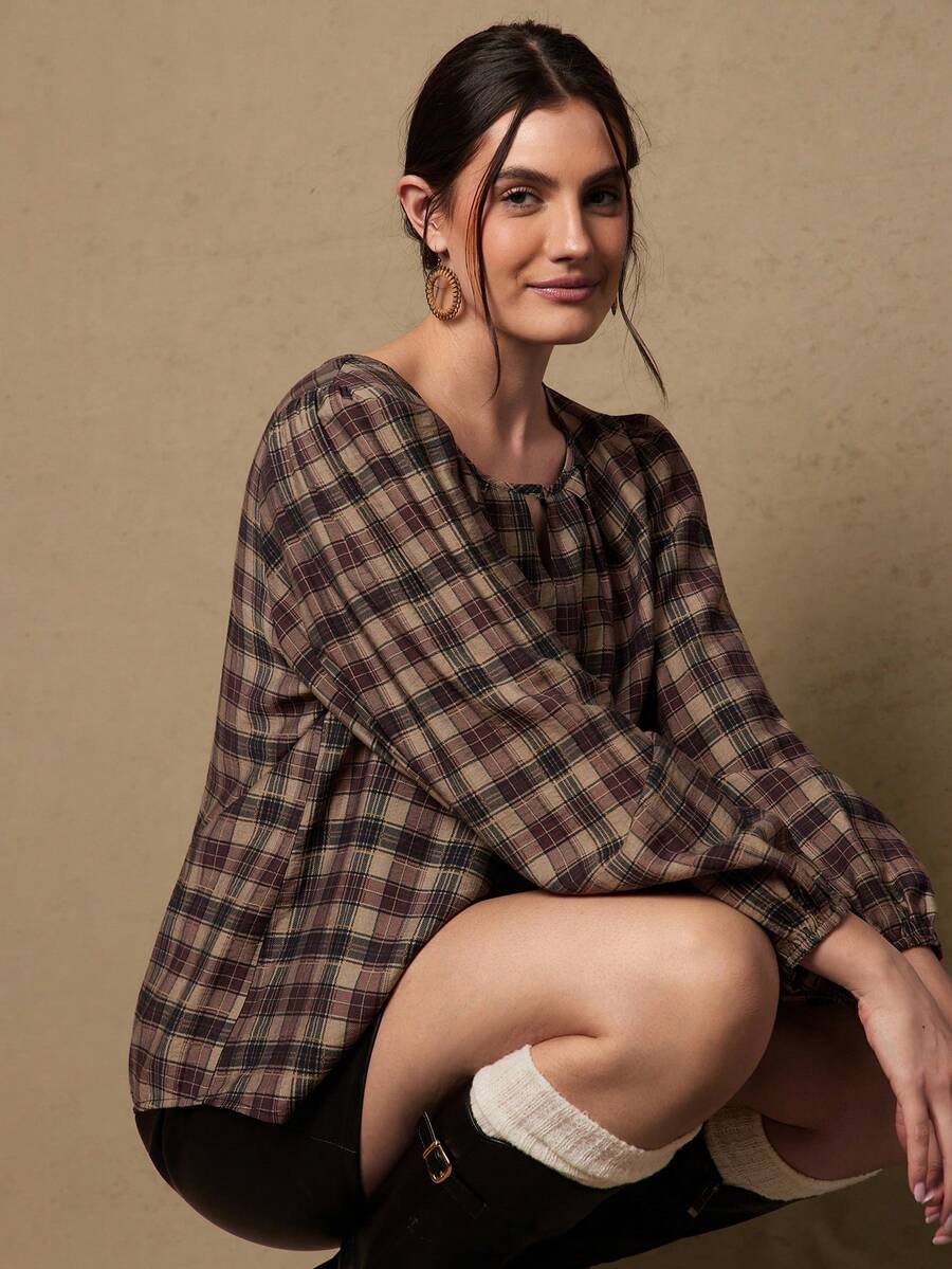 Freevana Áo sơ mi dài tay cổ chữ V kẻ caro phong cách Bohemian phương Tây cỡ lớn, bộ sưu tập xuân mới. - Nhiều màu - Xem 1