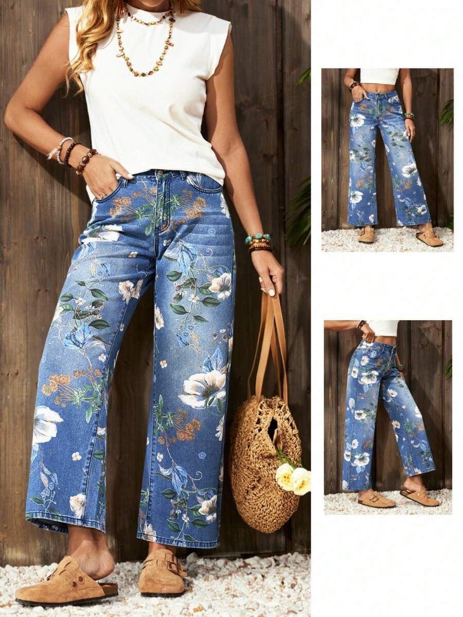 EMERY ROSE 女士碎花口袋阔腿宽松休闲牛仔裤 碎花牛仔裤 花朵牛仔裤 阔腿碎花牛仔裤 女士碎花牛仔裤 冬季新年 - 中等水洗藍 - 查看 1