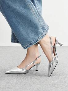CUCCOO BIZCHIC 女士尖头高跟细高跟鞋，杏色亮面露跟套穿式连衣裙鞋，适合通勤和日常穿着 - 紋理銀色 - 查看 4