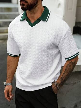 Men's Textured Striped Short Sleeve Casual Commuter Polo Shirt