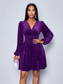 SOLERSUN Women's Winter Holiday Clothing, Elegant And Sexy New Year's Party, Christmas, Burgundy Knitted V-Neck Waist Gathered Waist Small A Hem Sequined Fabric Mini Skirt - Purple - View 7