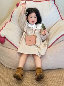 DAZY 女童/幼儿彼得潘领蕾丝拼接长袖连衣裙，日式风格 - 卡其色 - 查看 3