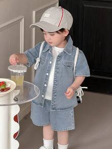DAZY Bộ 2 món áo sơ mi và quần short denim cổ bẻ cho bé trai, thích hợp cho mùa hè. - Màu xanh lam - Xem 1