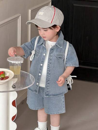DAZY 2pcs Toddler Boys' Turndown Collar Washed Denim Shirt And Shorts Set, Summer