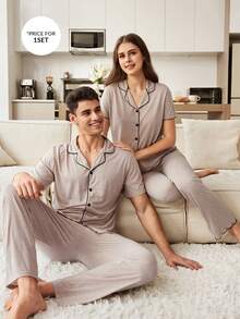 CoupledUp Men's Khaki Collar Black Stripe Trim Super Soft Draping Knit Fabric Short Sleeve Top And Pants, Casual Couple Loungewear/Sleepwear Set - Khaki - View 3