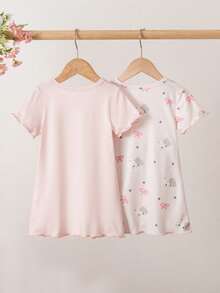 2pcs Baby Girl Spring/Summer Round Neck Short Sleeve Dress Set, Knitted Cute Kitty Print Dress & Trim Outfit, Fashionable & Versatile Sleepwear, Soft & Skin-Friendly - Multicolor - View 2