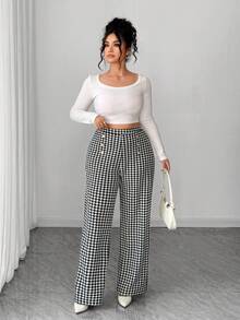 Elenzga Plus Size Women's Elegant Houndstooth Print Elastic Knit Pants, High Waist Refined Metal Buckle Straight Leg Trousers, Suitable For Various Occasions, Elegant Travel, Daily Commute, Work Pants Gingham - Black and White - View 6